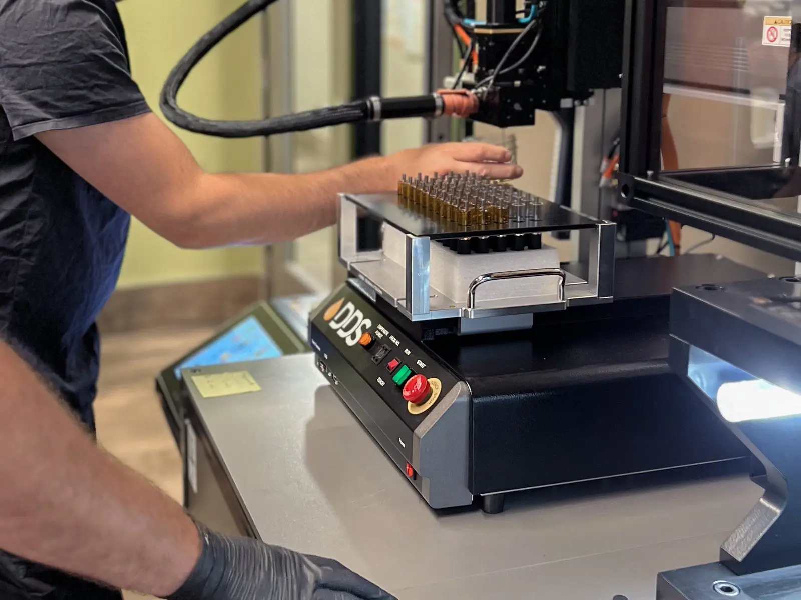 Operator placing a tray of gold cartridges on a DDS filler